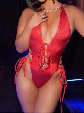 Red Lace-Up Plunge One-Piece Bodysuit - Women Intimates & Sleepwear